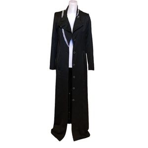 Zaina polyvore black trench coat. Stitched pockets. Grey ruffled embellishment.